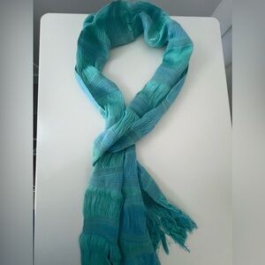 Vibrant Blue and Green Scarf with Fringed Edges